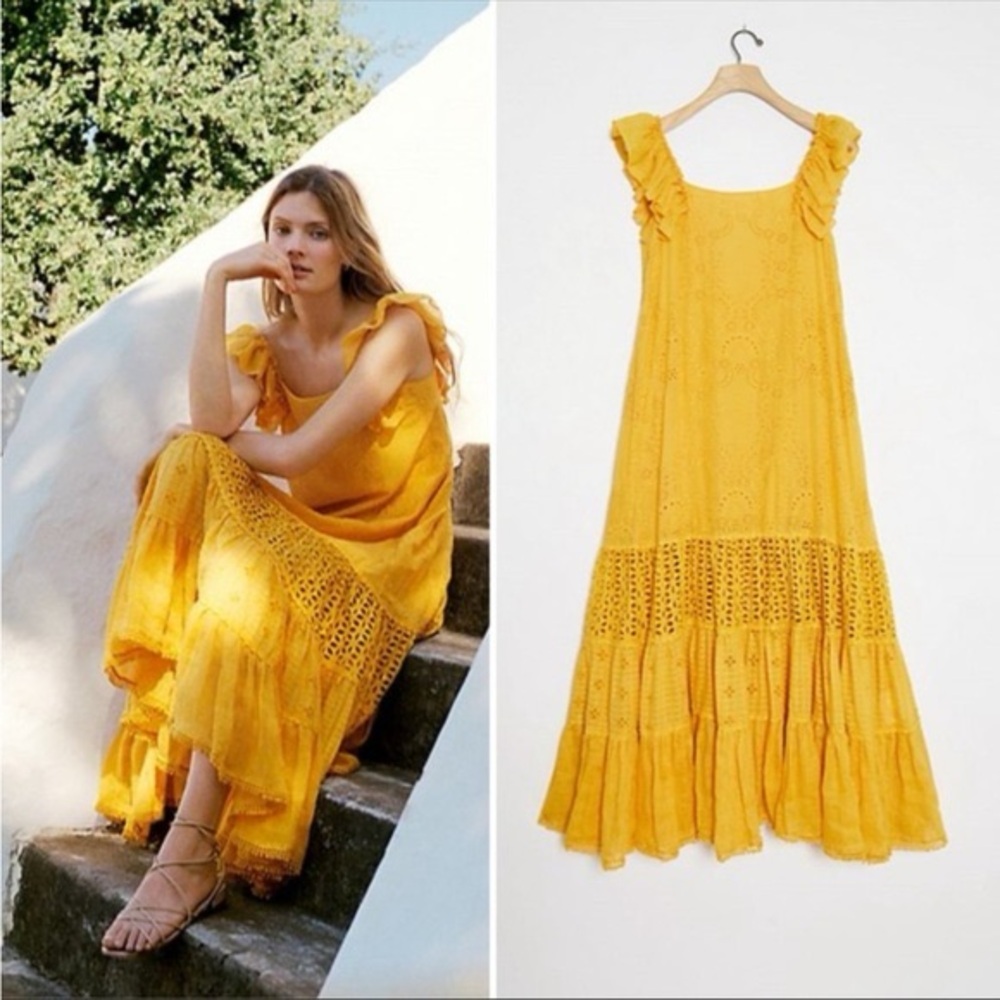 Anthropologie Payal Jain Fallon eyelet tiered maxi midi dress golden yellow